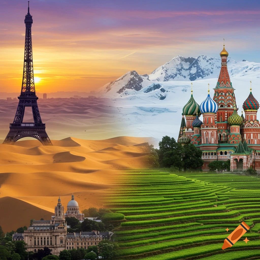 A composite image showing the Eiffel Tower in a desert, St. Basil's Cathedral by snowy mountains, and other landmarks with green terraced fields.