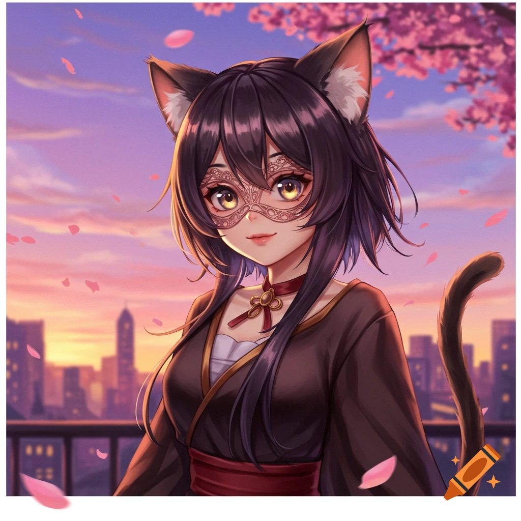 Anime woman with cat ears and tail, wearing a mask and dark kimono, with a city skyline and cherry blossoms at sunset.