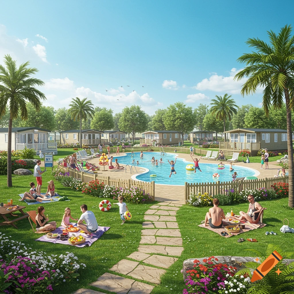A vibrant holiday park with a large swimming pool where people are swimming and sunbathing, and families are picnicking on green lawns under a blue sky.