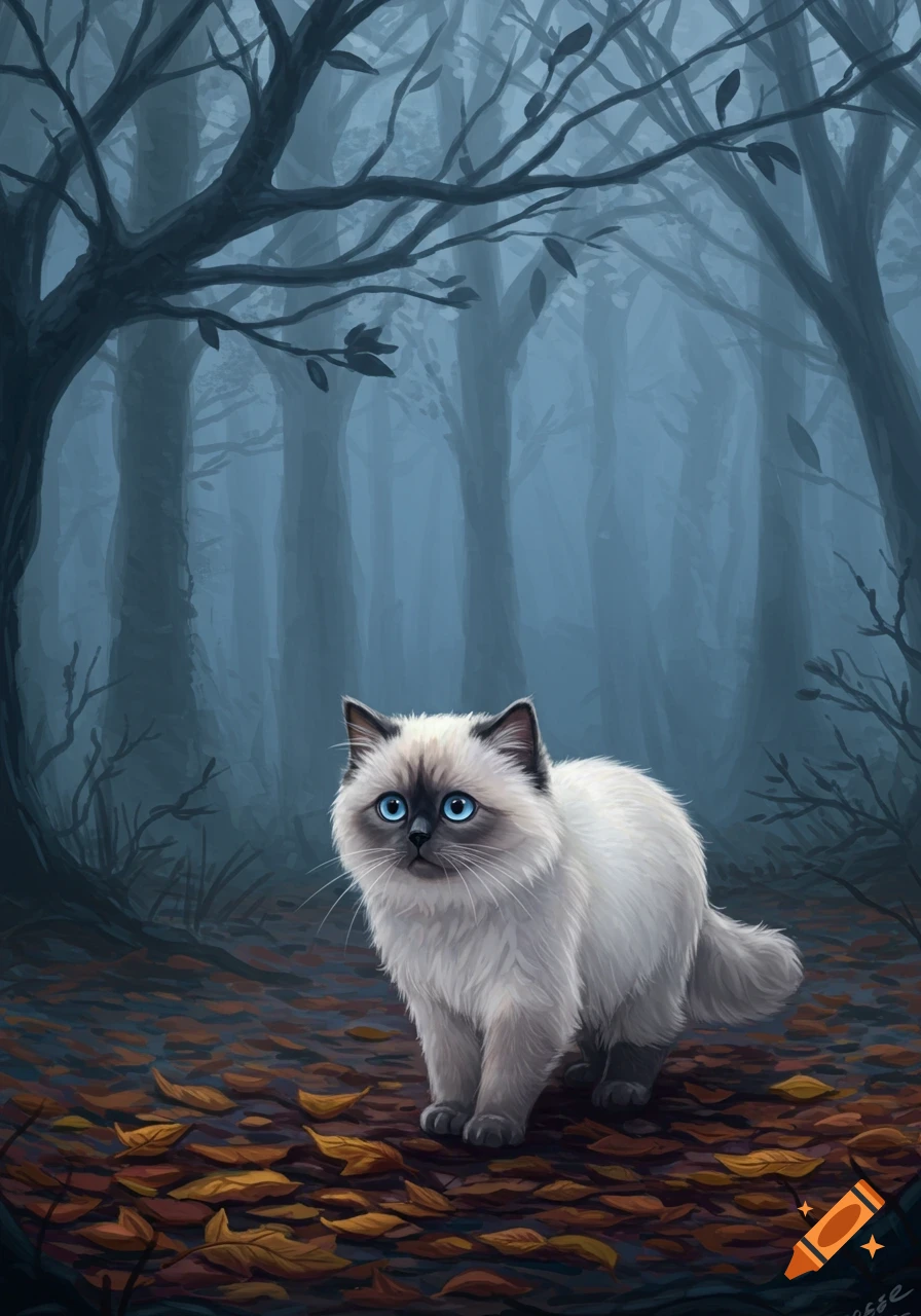 A fluffy white and tan cat with striking blue eyes stands on a bed of autumn leaves in a dark, misty forest.