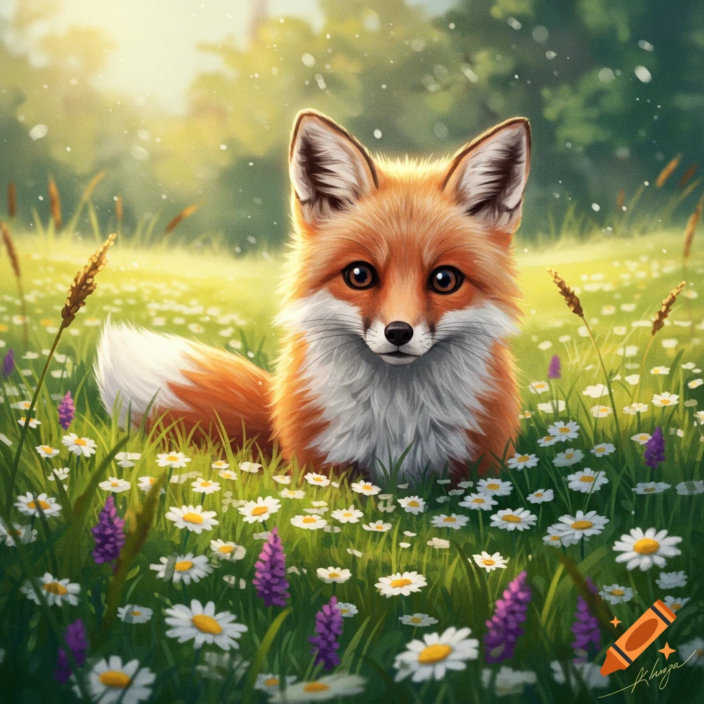 A cute orange and white fox sitting among white daisies and purple flowers in a sunny field.