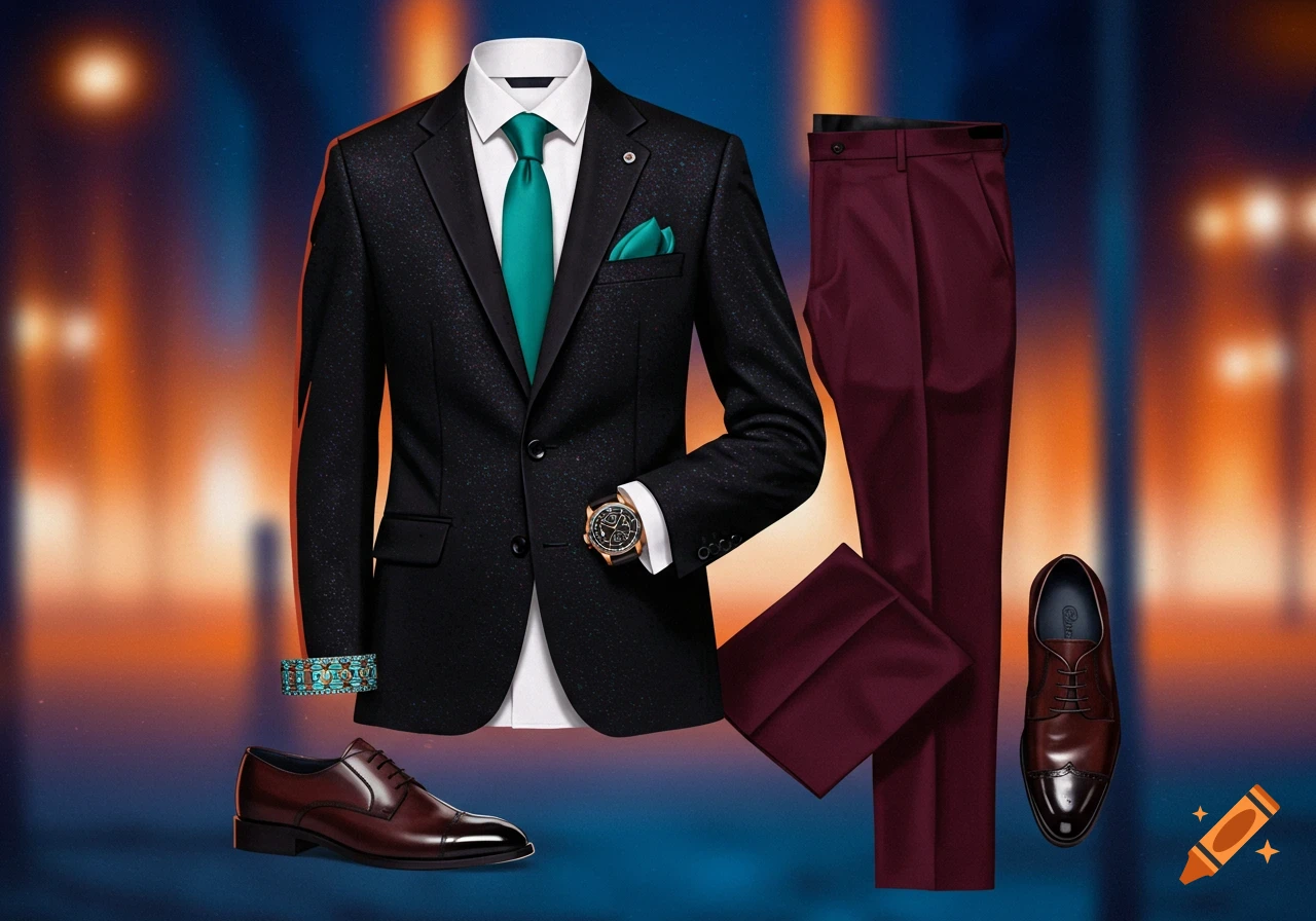 A black textured suit jacket with a white shirt and teal tie, matching pocket square, and brown dress shoes. Alongside are folded burgundy pants, a gold watch, and a teal patterned bracelet, against a blurred blue and orange background.