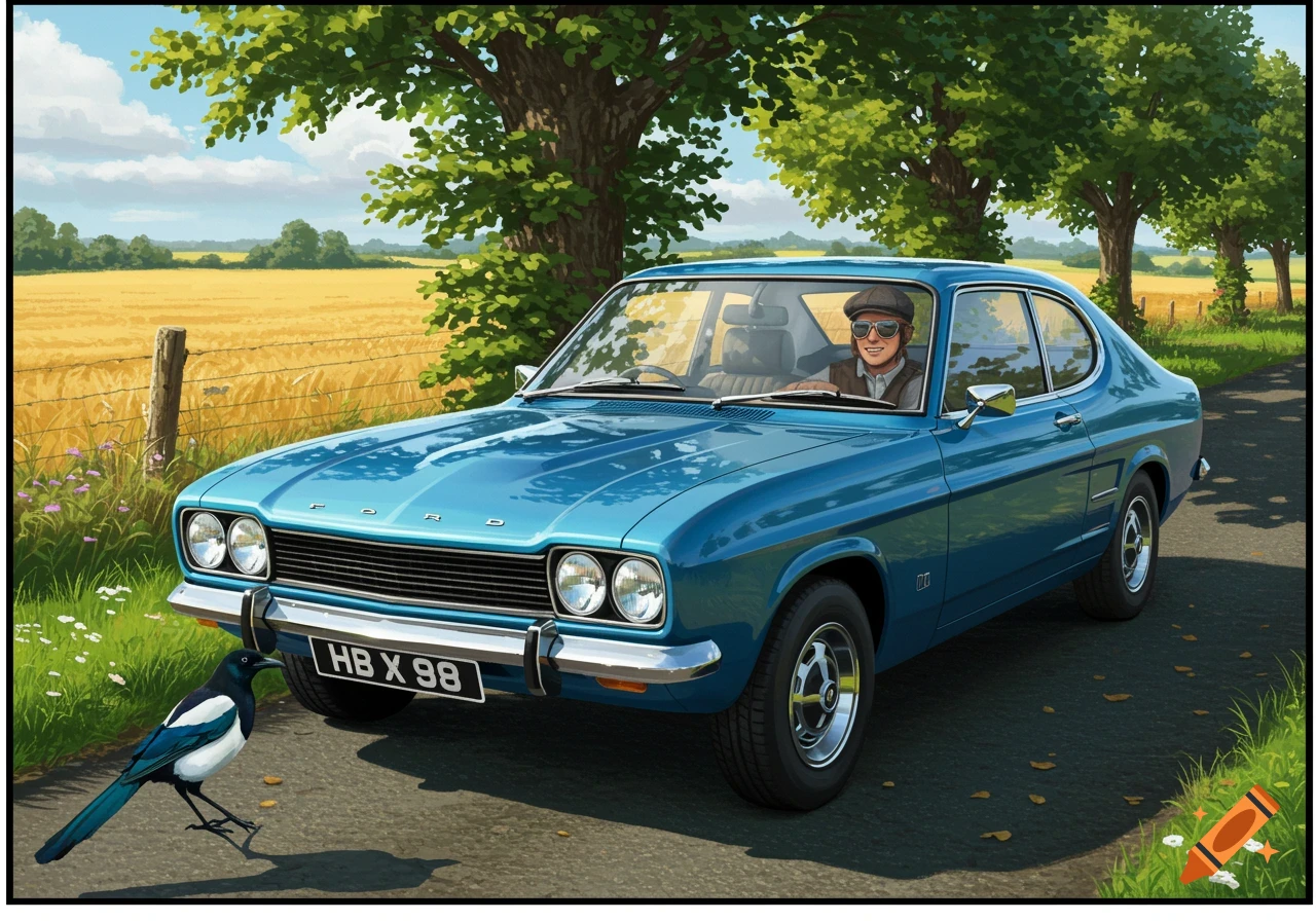 An illustrated scene of a man in a blue Ford Capri on a country road, with a magpie standing in front and a wheat field behind him.