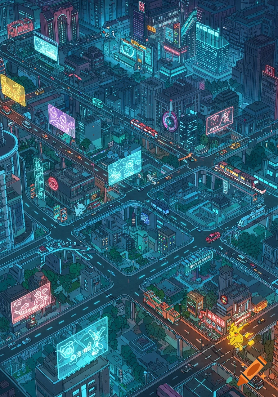 Isometric view of a vibrant, neon-lit cyberpunk city at night with elevated roads, trains, skyscrapers, and subtle Pok amon elements like Pikachu.