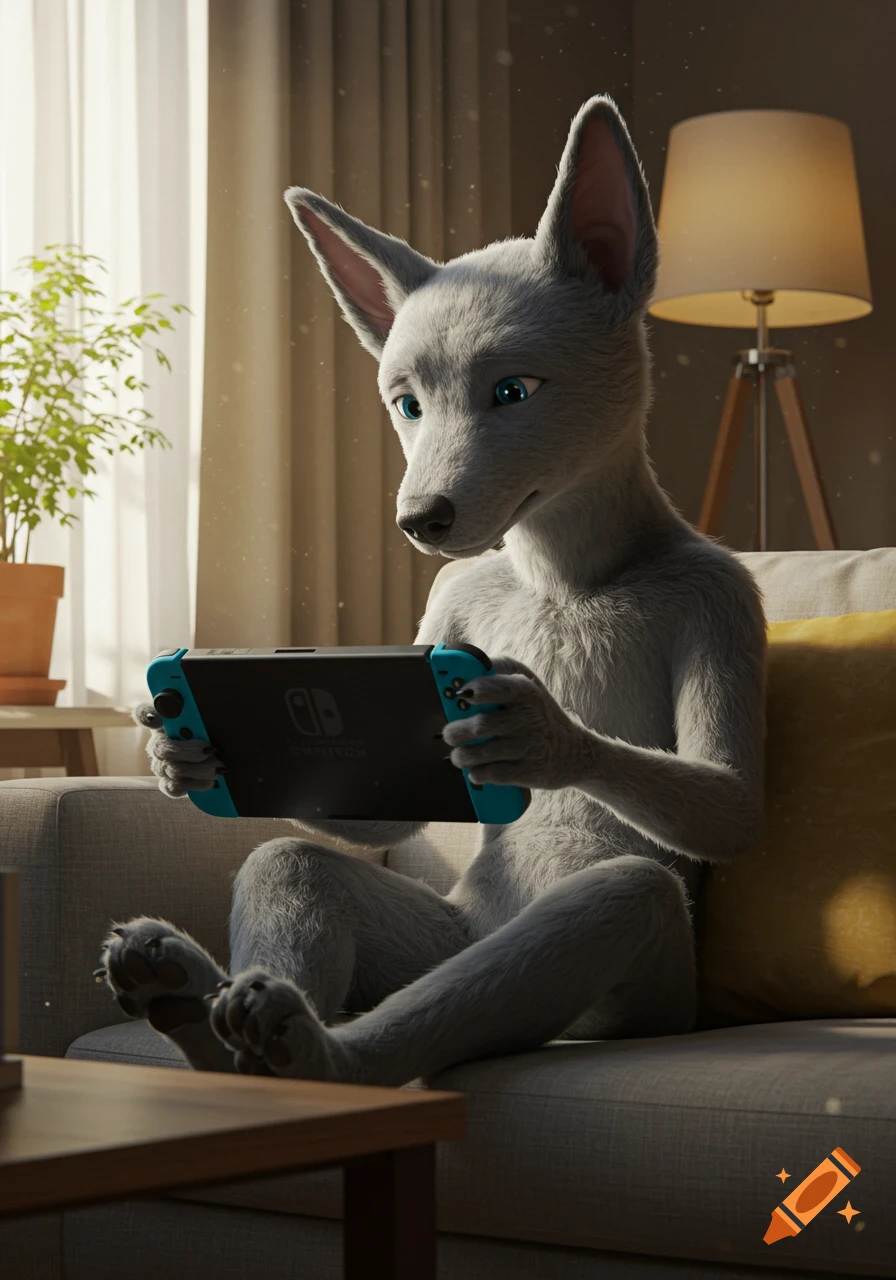 A grey anthropomorphic fox or dog character sits on a couch, intently playing a Nintendo Switch.