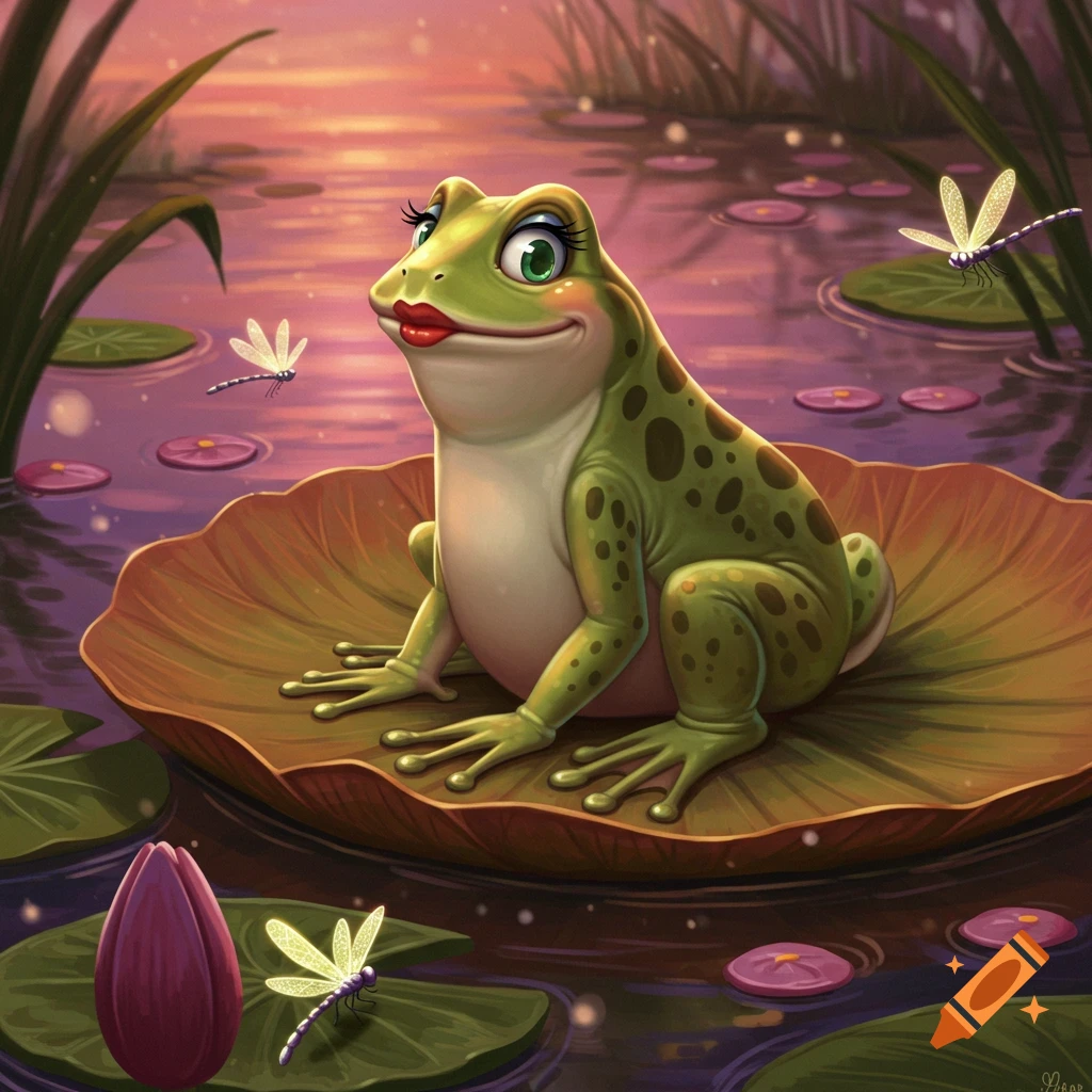 A cartoon frog with long eyelashes and red lipstick sits on a lily pad in a pond with dragonflies at sunset.