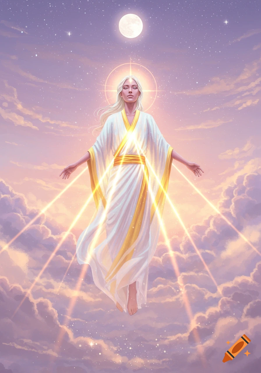 An ethereal figure in a white robe floats above clouds with light beams, a full moon, and stars.