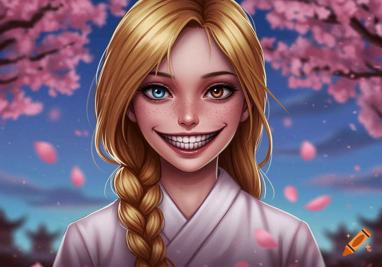 An anime girl with long blonde hair, heterochromia, and freckles smiles unsettlingly under cherry blossoms.