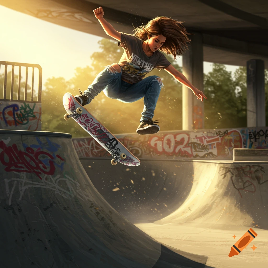 A young woman in torn jeans and a t-shirt jumps high with a skateboard in a sunlit skate park filled with graffiti.