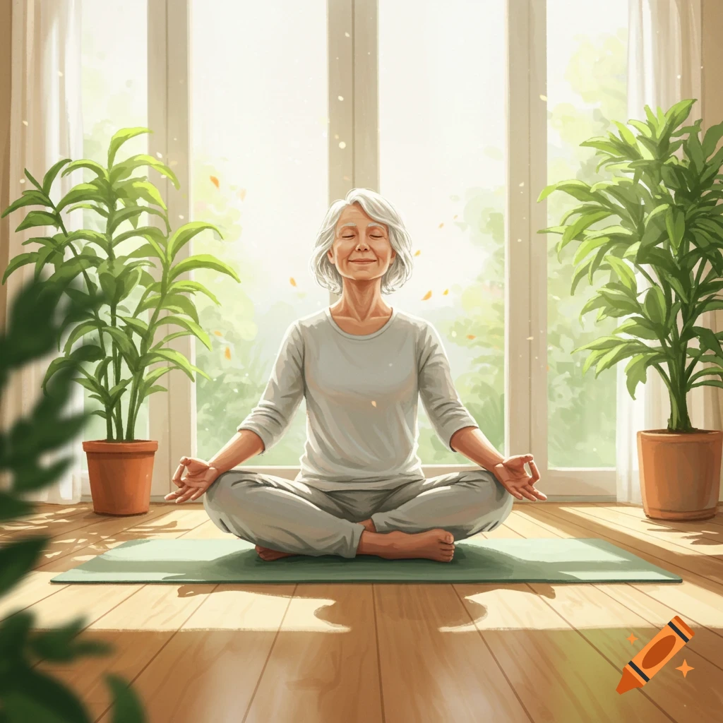 An older woman with white hair meditating in a peaceful, sunlit room with potted plants, painted in a soft, illustrative style.