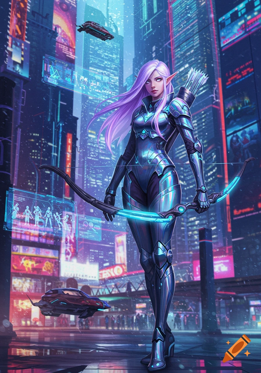 A futuristic elf warrior with long purple hair, wearing metallic blue armor and holding a glowing bow, stands in a neon-lit cyberpunk city.
