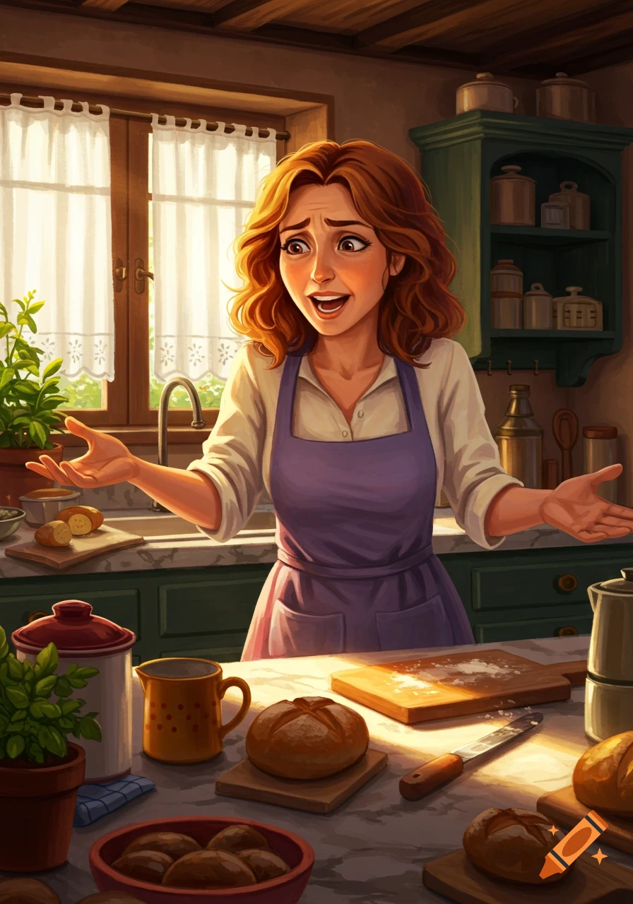 Cartoon woman with red hair and a purple apron in a sunlit kitchen, looking flustered while baking bread.