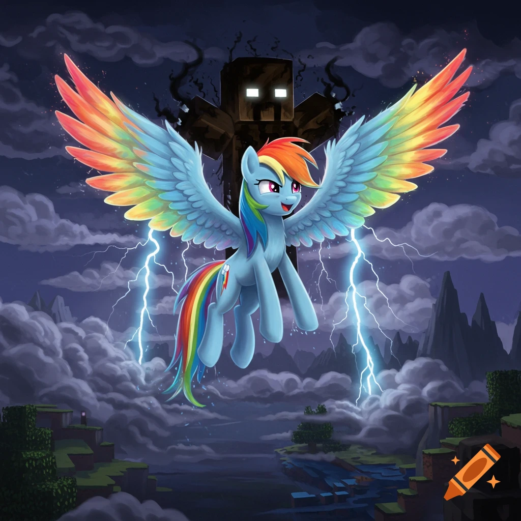 Rainbow Dash with rainbow wings flies amidst lightning, with a looming Herobrine figure and Minecraft terrain below.