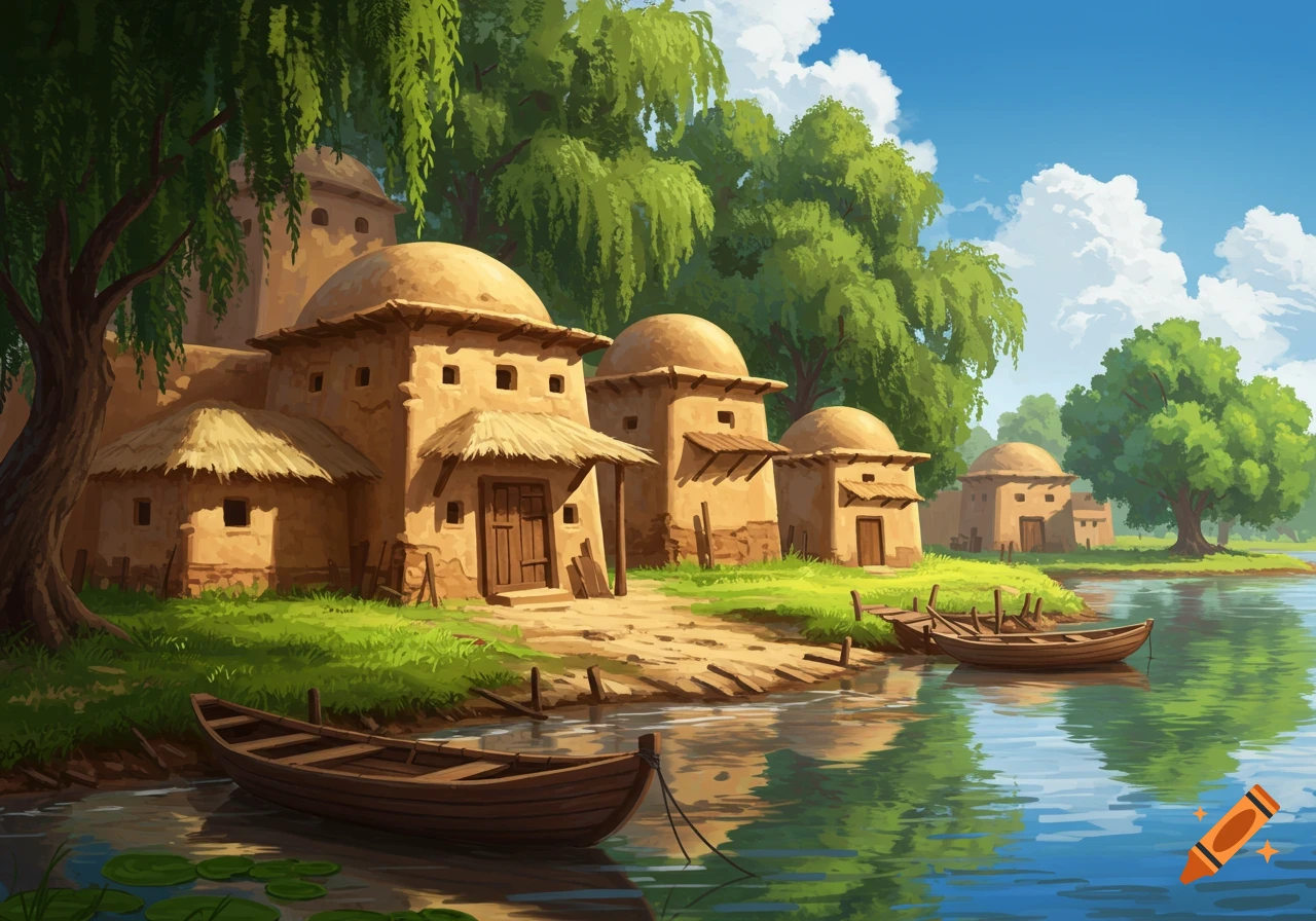 Illustrative painting of mud houses on a river bank with boats, surrounded by lush green trees under a blue sky.