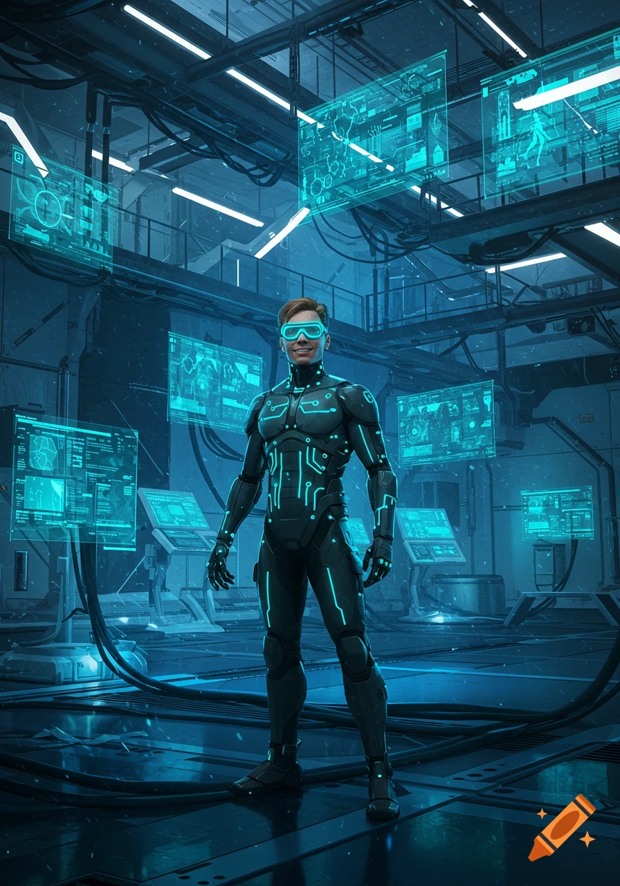 A man in a sleek, black futuristic suit with glowing blue circuits and goggles stands in a high-tech facility surrounded by holographic screens displaying data.