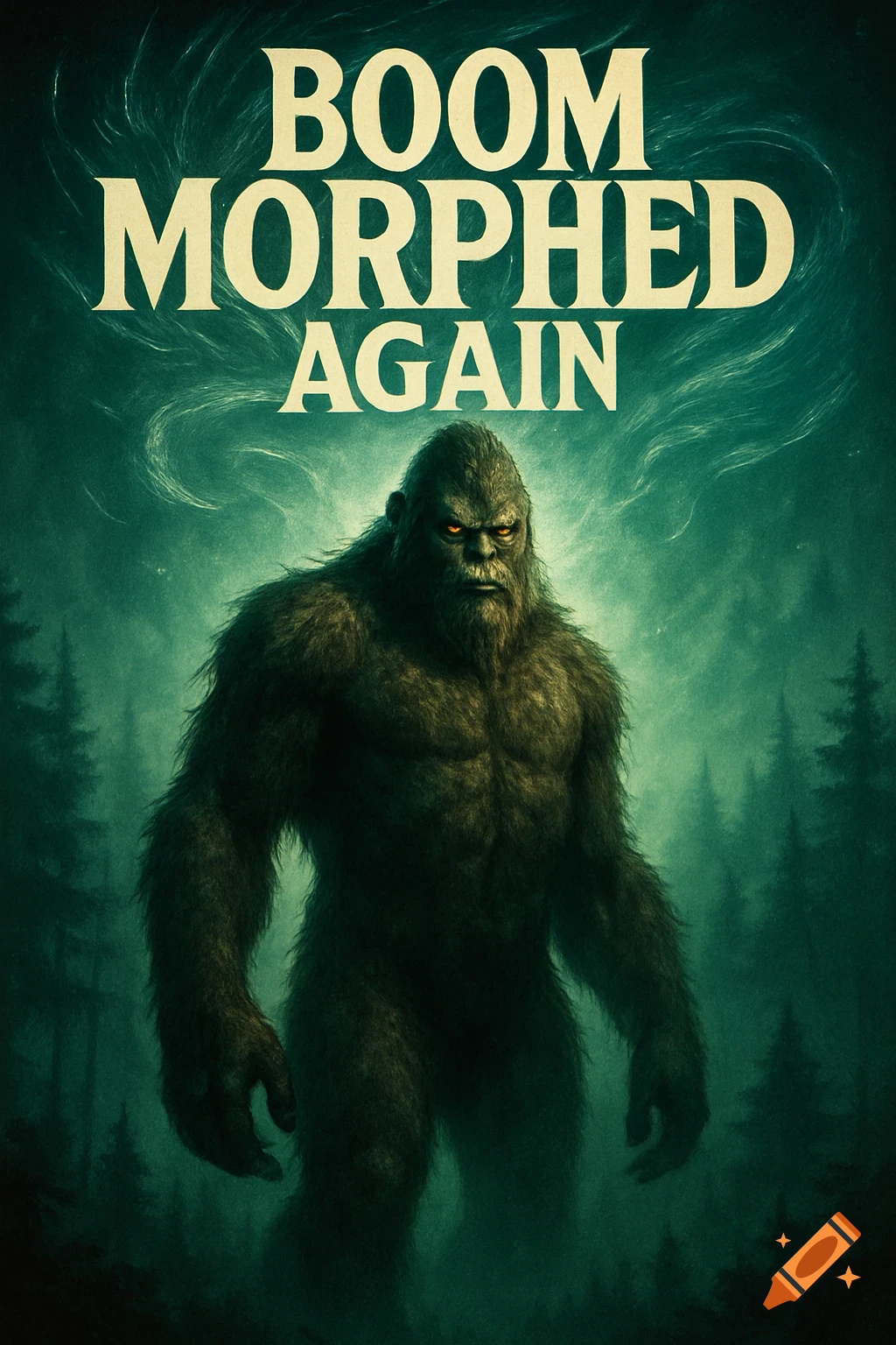 A dark and moody movie poster featuring Bigfoot standing in a misty, dark green forest with the title "BOOM MORPHED AGAIN" above him.