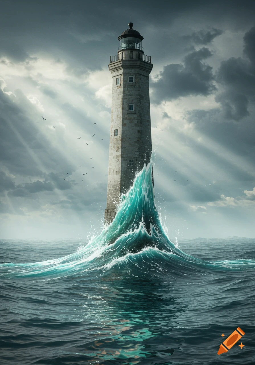 A tall lighthouse stands strong amidst crashing turquoise waves in a stormy sea, with dramatic sun rays breaking through dark clouds.