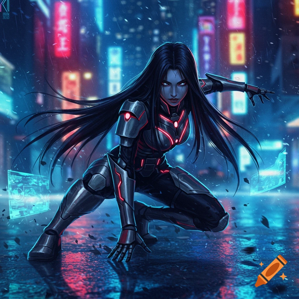 A dark-haired woman in black and red futuristic armor crouches on a wet street in a neon-lit cyberpunk city at night.