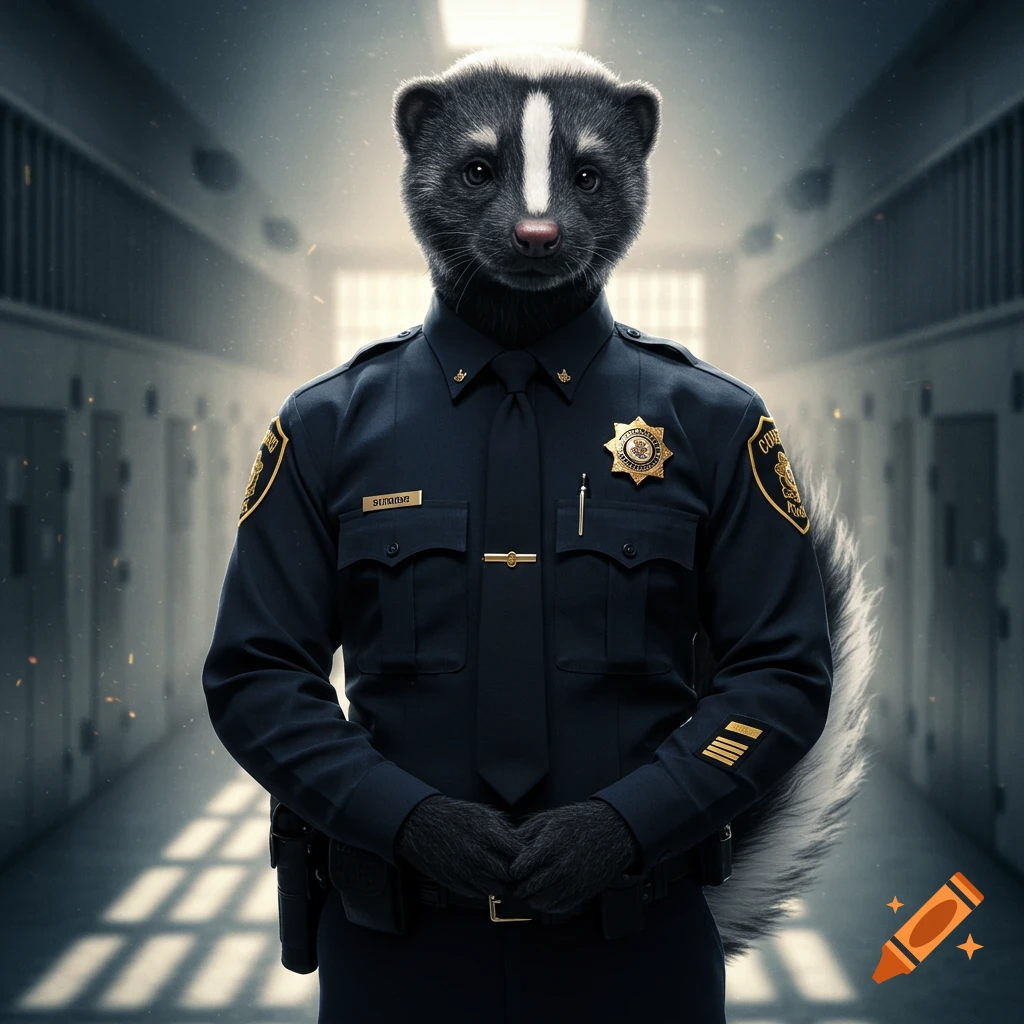 A photorealistic anthropomorphic skunk wearing a dark blue corrections officer uniform stands in a prison corridor.