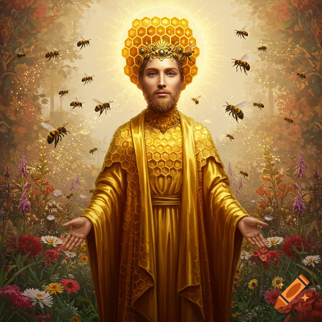 A man with a golden honeycomb halo and robe stands in a vibrant flower field, surrounded by buzzing bees.