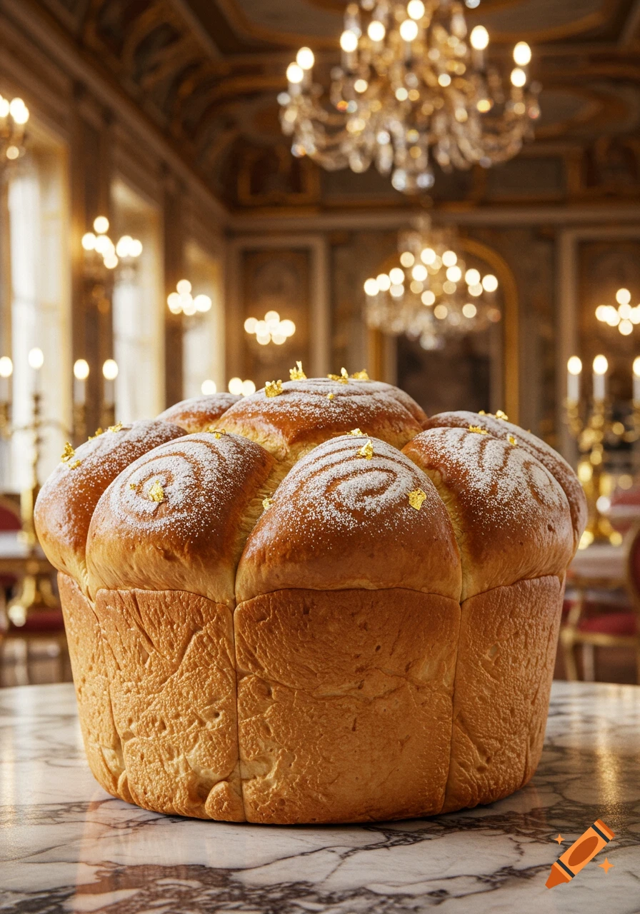 A golden brown brioche loaf with powdered sugar and gold flakes on a marble table in a luxurious ballroom with chandeliers.