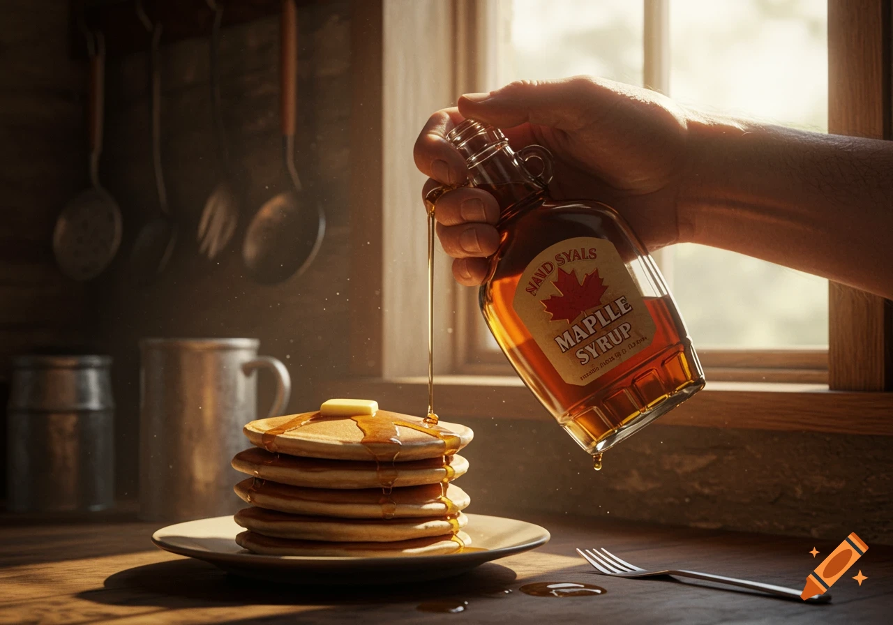 A hand pours maple syrup from a bottle onto a stack of pancakes with butter on a plate in a rustic kitchen setting, illuminated by sunlight.
