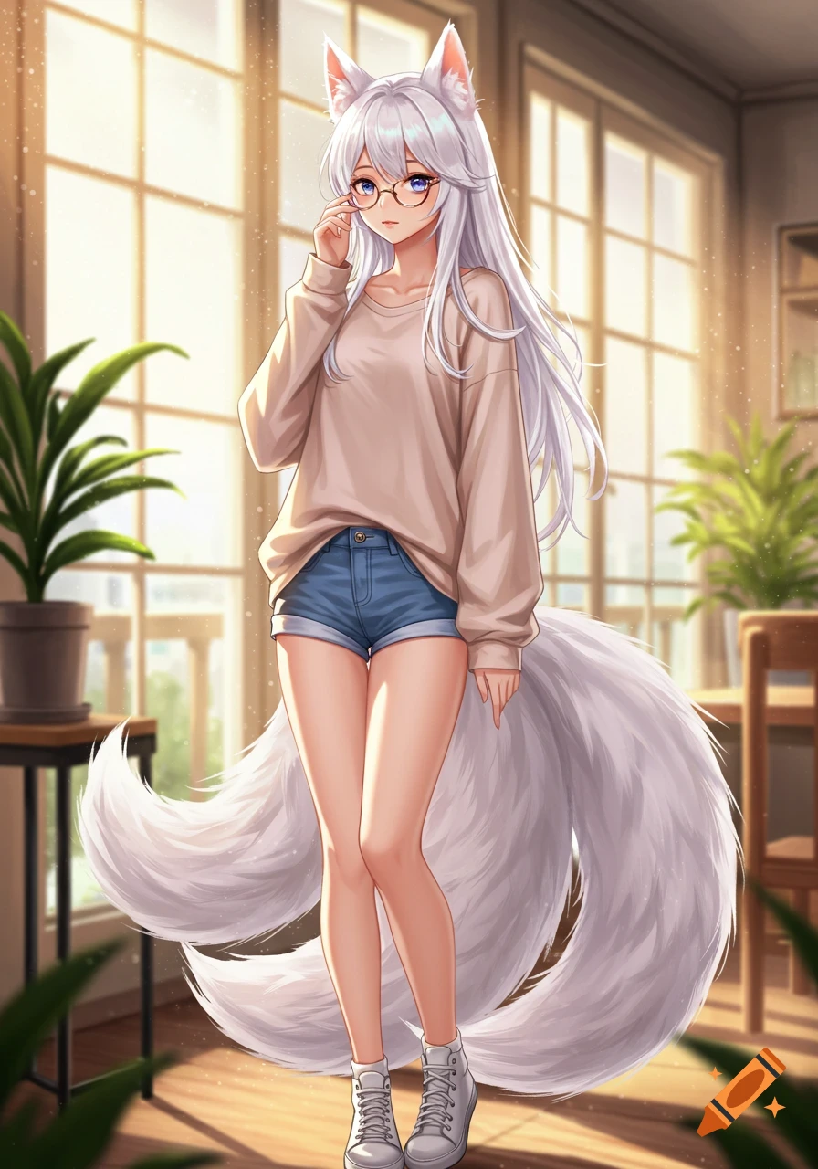 A white-haired anime kitsune girl wearing glasses, a beige sweater, and denim shorts, standing in a sunlit room.