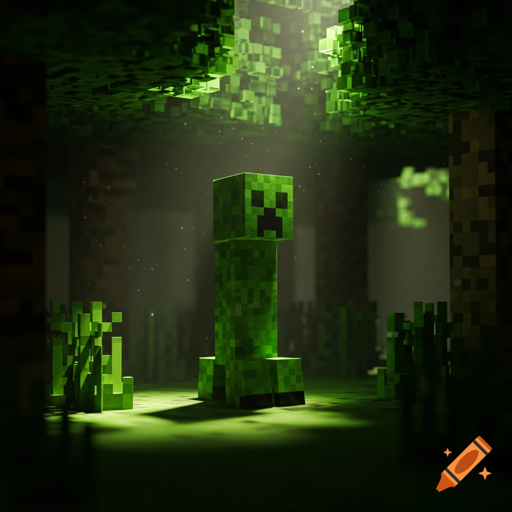 A blocky green Minecraft Creeper stands in a dark, blocky forest with light filtering through the leaves.