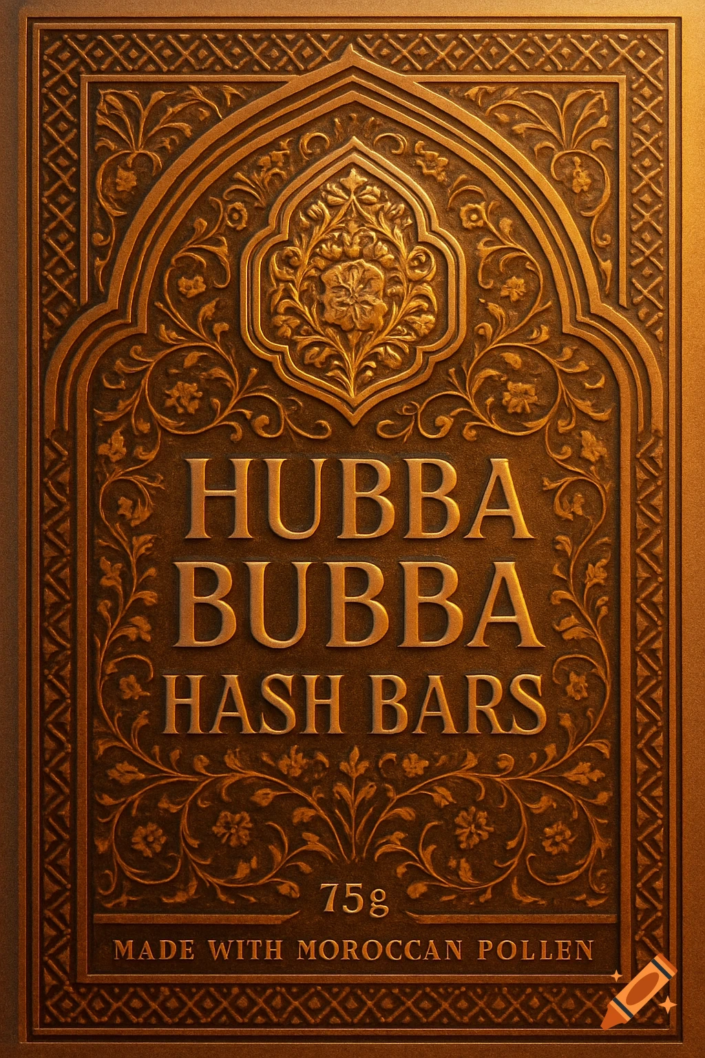 An ornate golden rectangular label with intricate Moroccan-style patterns features the text "HUBBA BUBBA HASH BARS" and "MADE WITH MOROCCAN POLLEN" with "75g" below.