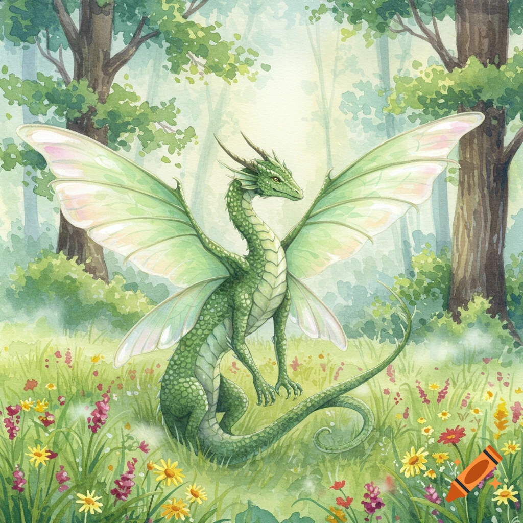 Green watercolor dragon with large, translucent wings standing in a sunlit forest clearing filled with colorful wildflowers.