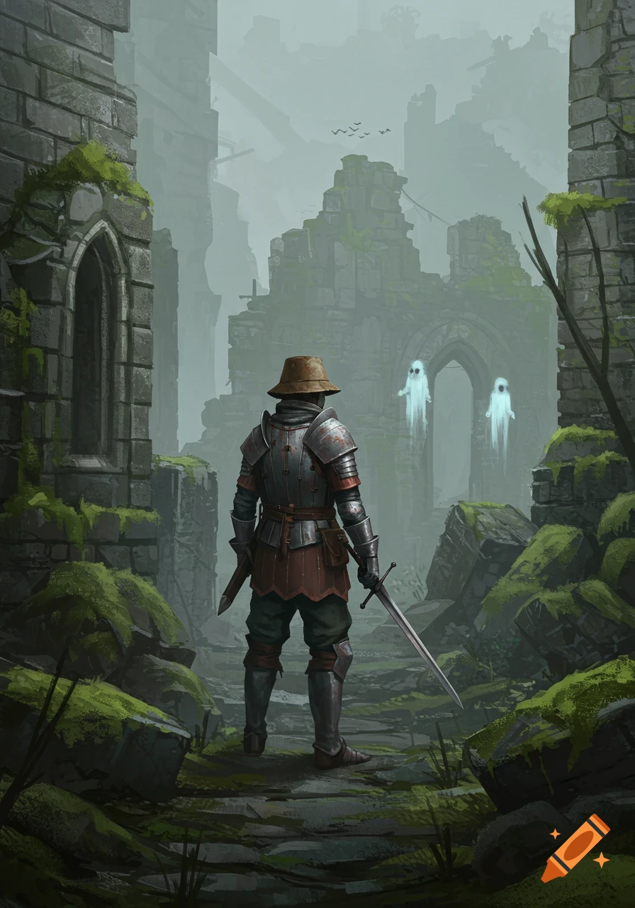 A knight in medieval armor and a bucket hat stands in misty, moss-covered ruins, facing two floating white ghosts.