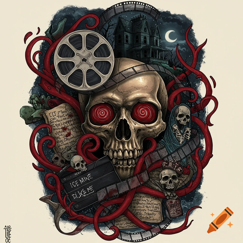 A horror-themed illustration featuring a large skull with swirling red eyes, surrounded by red tentacles and film reels. A haunted house is in the background under a crescent moon. Smaller skulls, papers with illegible text, and a film clapboard with 'ICE MINE DIJKE ME' are also present.