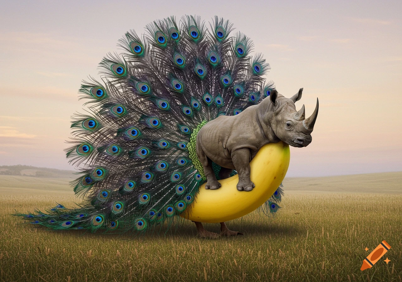 A surreal creature with a rhino head, a banana body, and a large peacock tail stands in a grassy field.