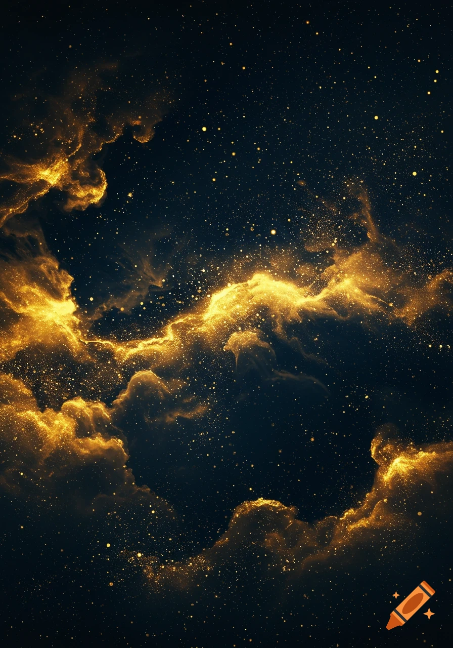 Dark navy background filled with golden, shimmering clouds and scattered golden stars, resembling a cosmic nebula.
