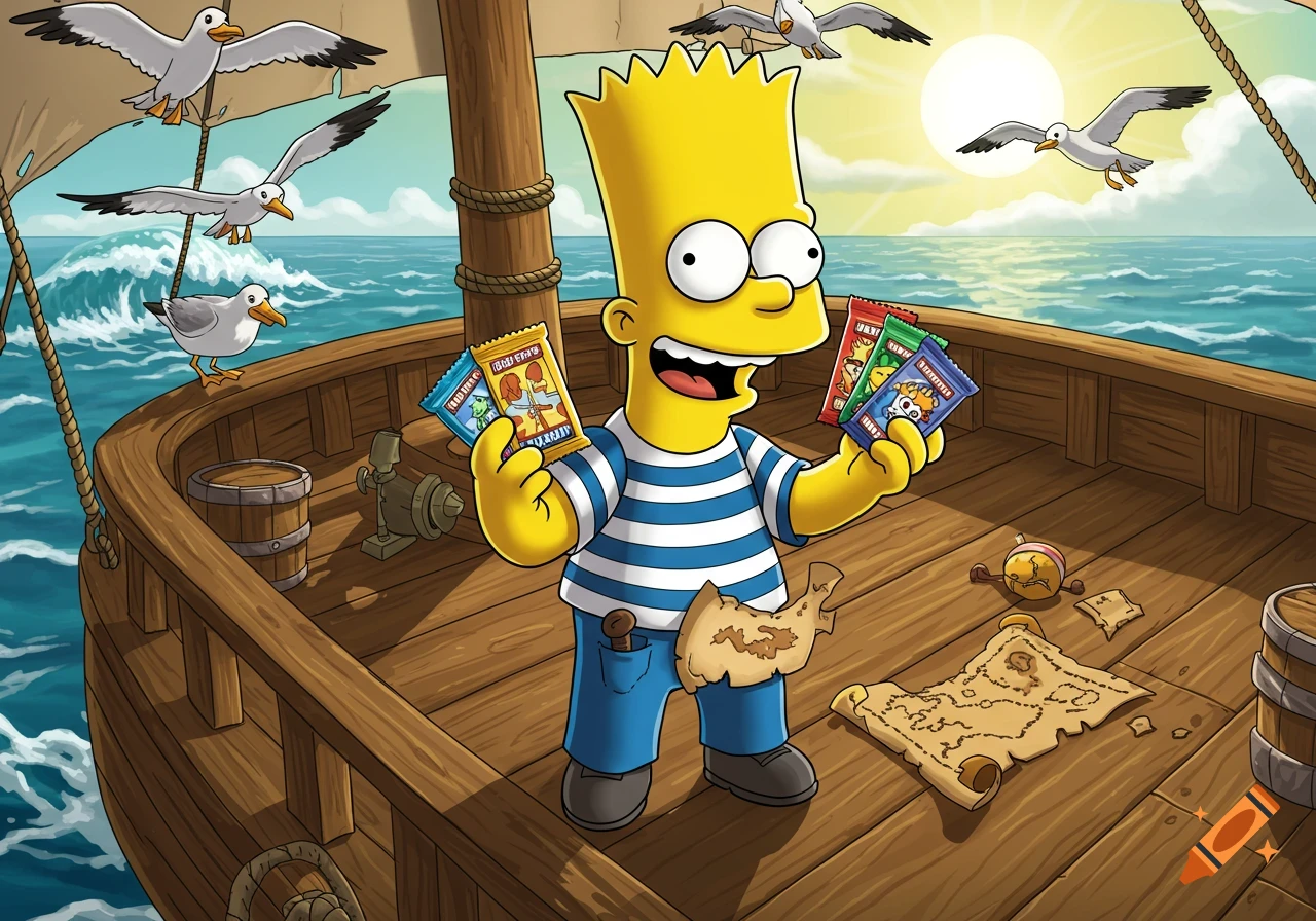Bart Simpson dressed as a sailor captain holds up several colorful trading card packs on the deck of a wooden ship at sea, with seagulls flying overhead and a treasure map on the deck.