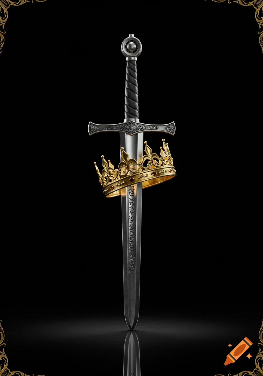 A silver sword with intricate designs stands upright with a gold crown resting on its hilt, set against a black background with decorative gold corners.