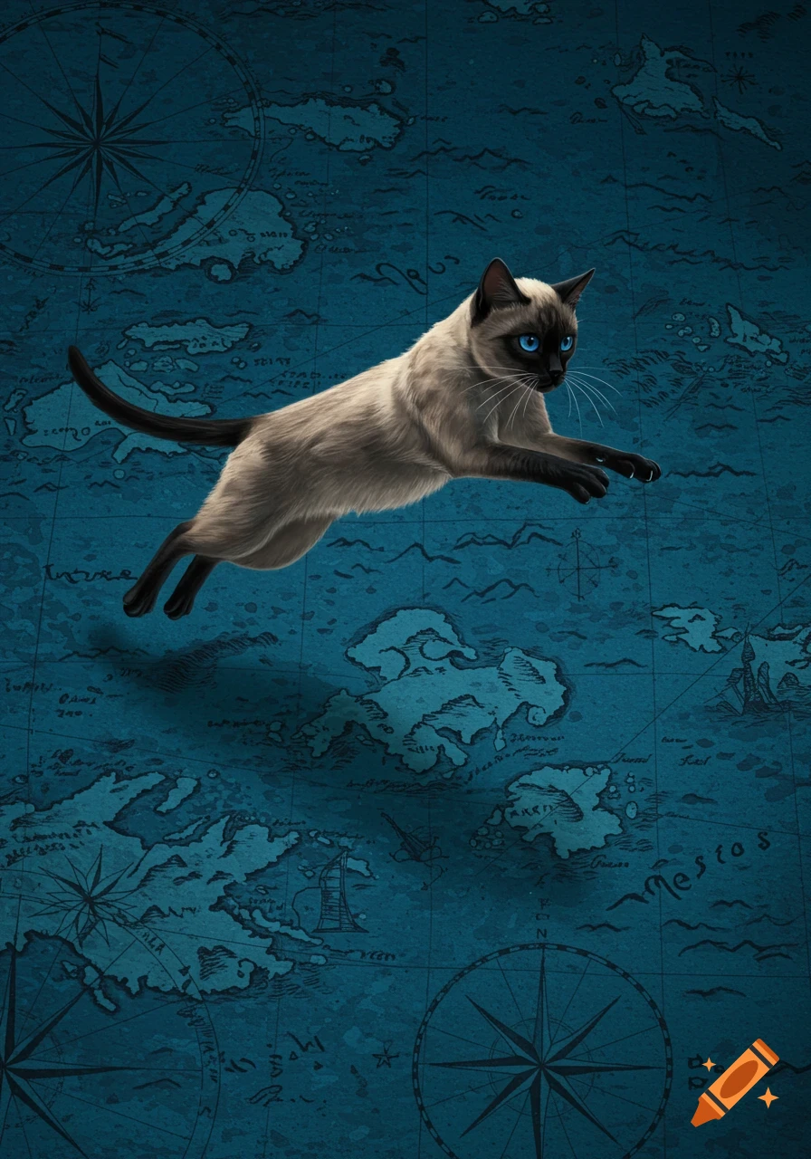 A Siamese cat with blue eyes jumps across a vintage blue map background with landmasses and compass roses.