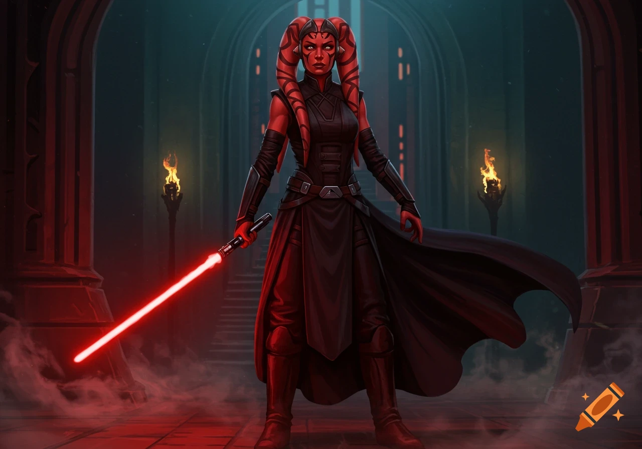 A red-skinned female Twi'lek Sith Lord in dark armor holds a red lightsaber in a shadowy, arch-filled temple.
