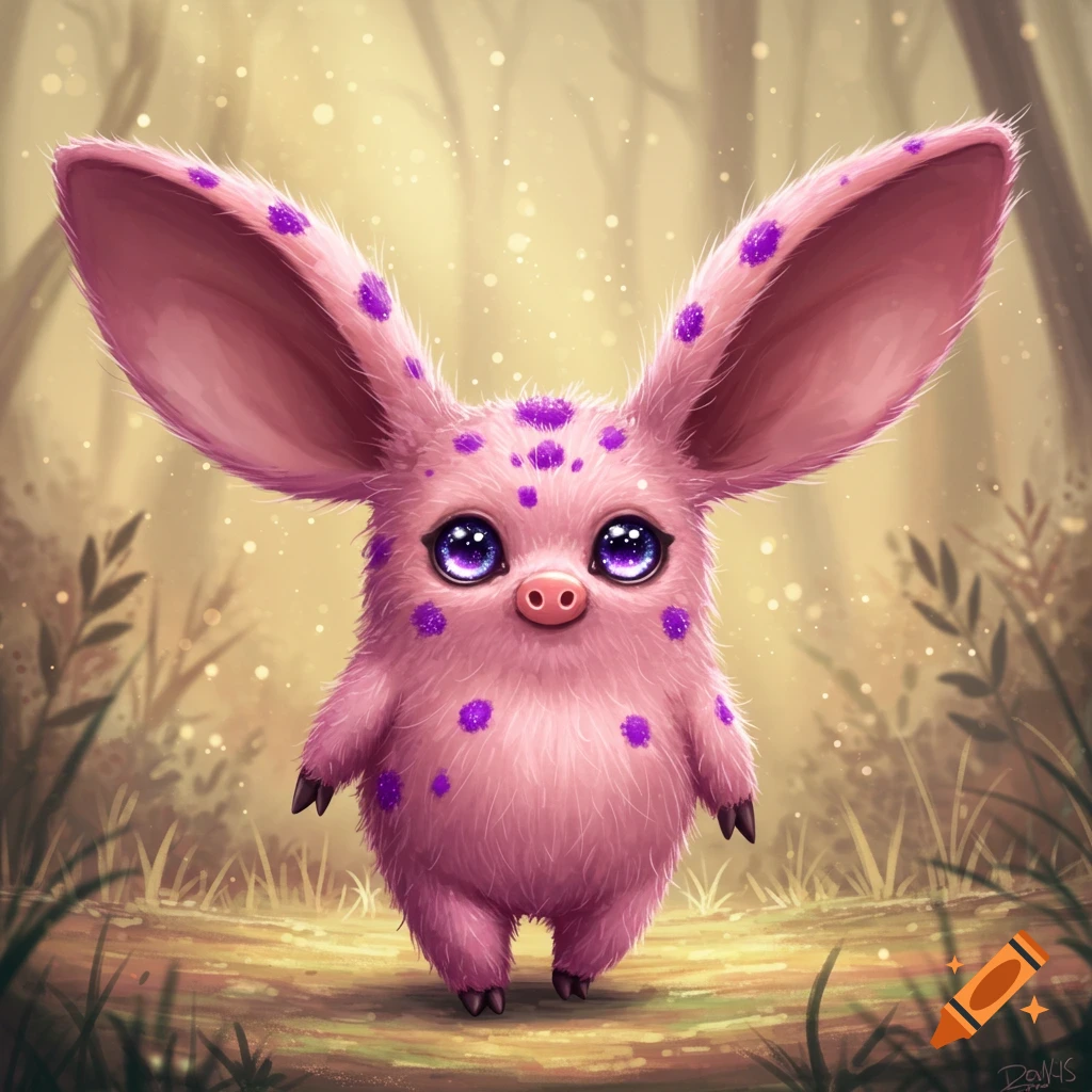A small, cute pink furry creature with large ears, purple spots, pig nose, and glittery purple eyes in a magical forest.