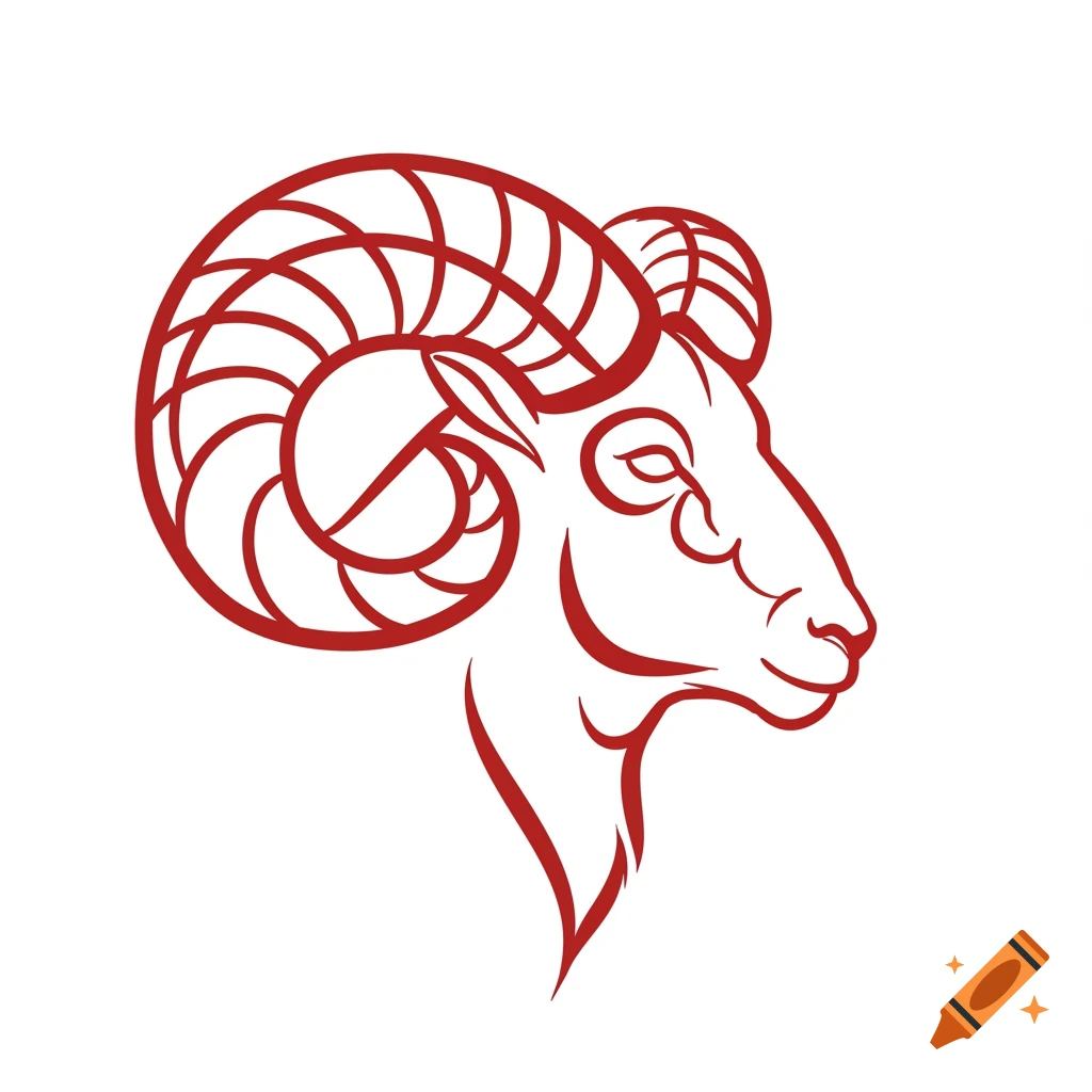 A simple red line drawing of a ram's head in profile, representing the zodiac sign Aries.