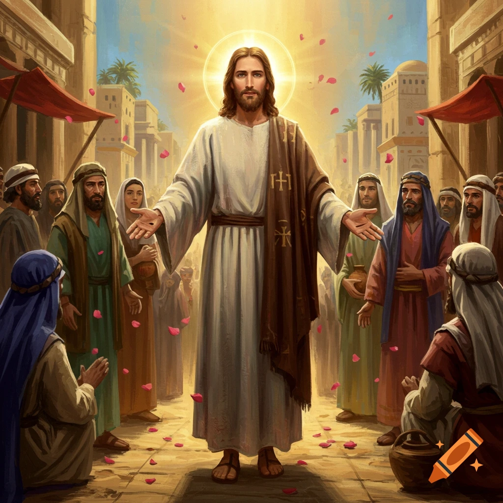 Jesus with outstretched arms and a halo stands among followers in a bustling ancient city street with rose petals falling.