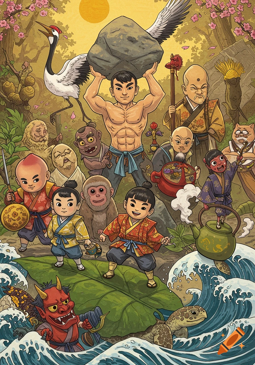 A colorful, stylized illustration of Japanese folktale characters including Peach Boy, Golden Boy, a crane, a monkey, and an oni, in a vibrant natural setting.