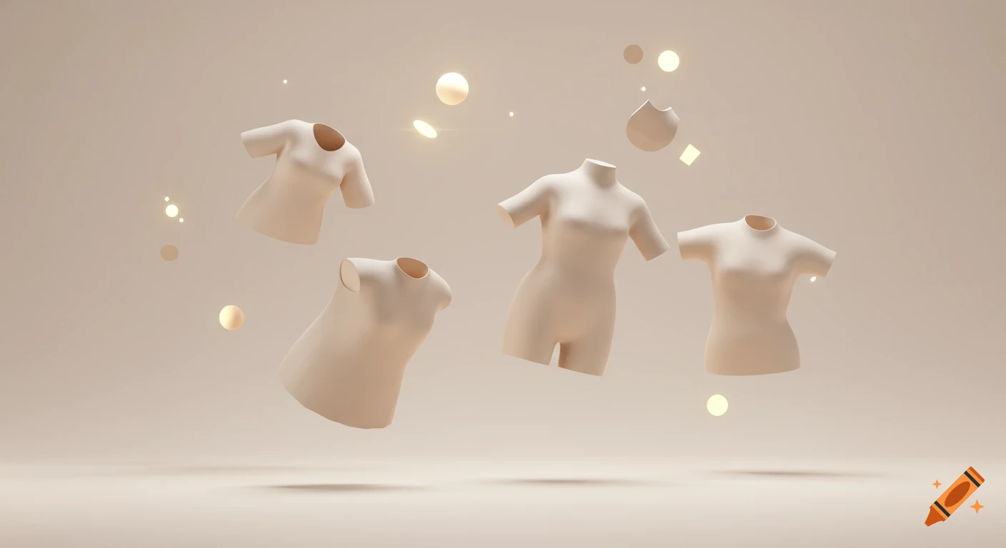 Minimalist 3D render of floating beige clothing mannequins and abstract shapes on a light background.