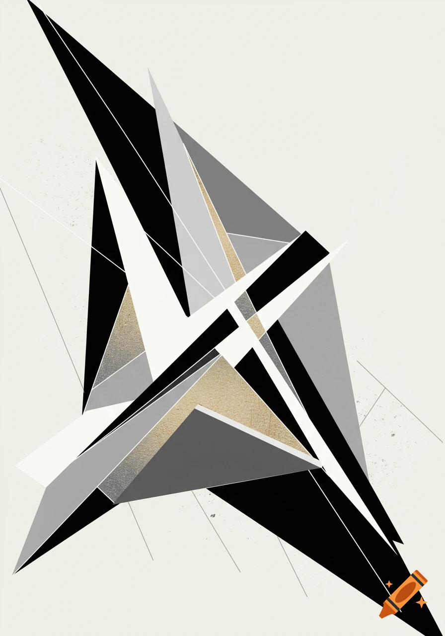 Abstract geometric composition with black, white, gray, and gold angular shapes on a light background.