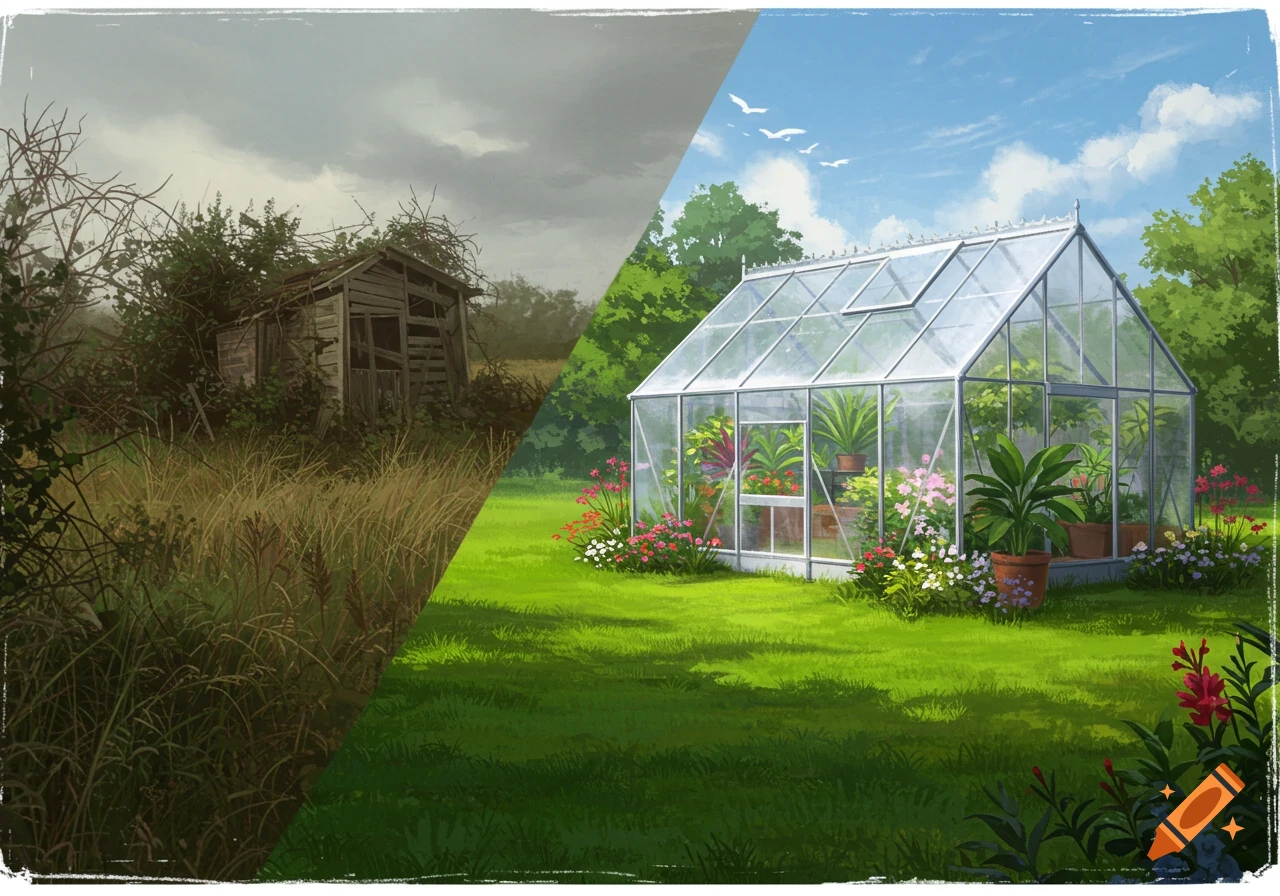 A split image showing a dilapidated shed in an overgrown field on the left and a lush greenhouse in a manicured garden on the right.