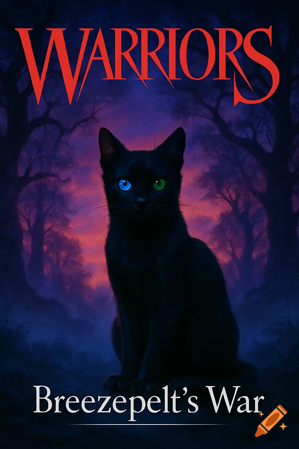 A black cat with one blue and one green eye sits in a dark forest with purple and pink skies. Text 'WARRIORS' and 'Breezepelt s War'.