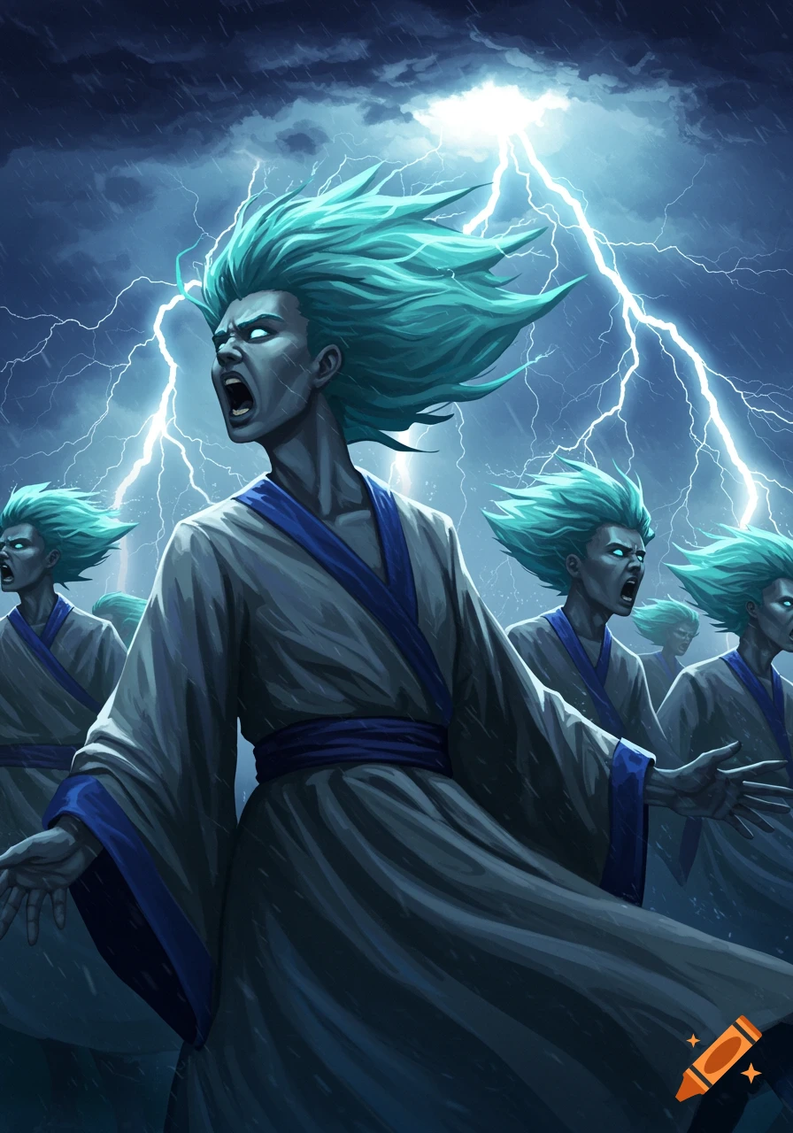 Multiple humanoid figures with teal hair and glowing eyes scream under a stormy sky with lightning. Digital illustration.