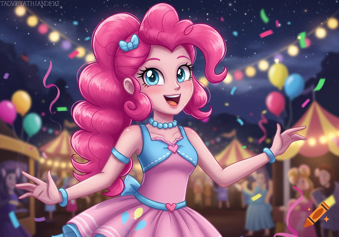A humanized Pinkie Pie from My Little Pony smiles at a festive carnival with lights and balloons.