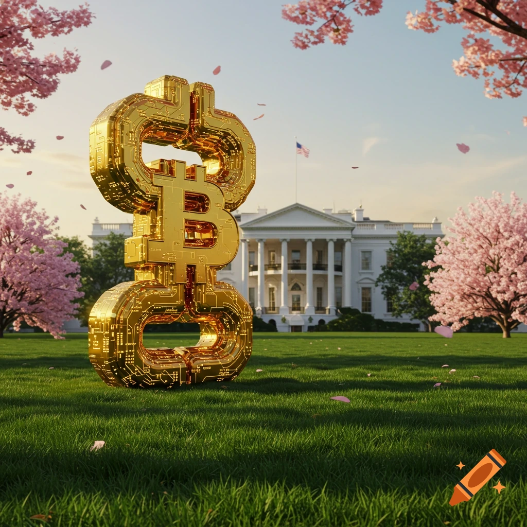 A large golden Bitcoin and dollar sign hybrid symbol stands on the White House lawn surrounded by pink cherry blossom trees, under a clear sky.