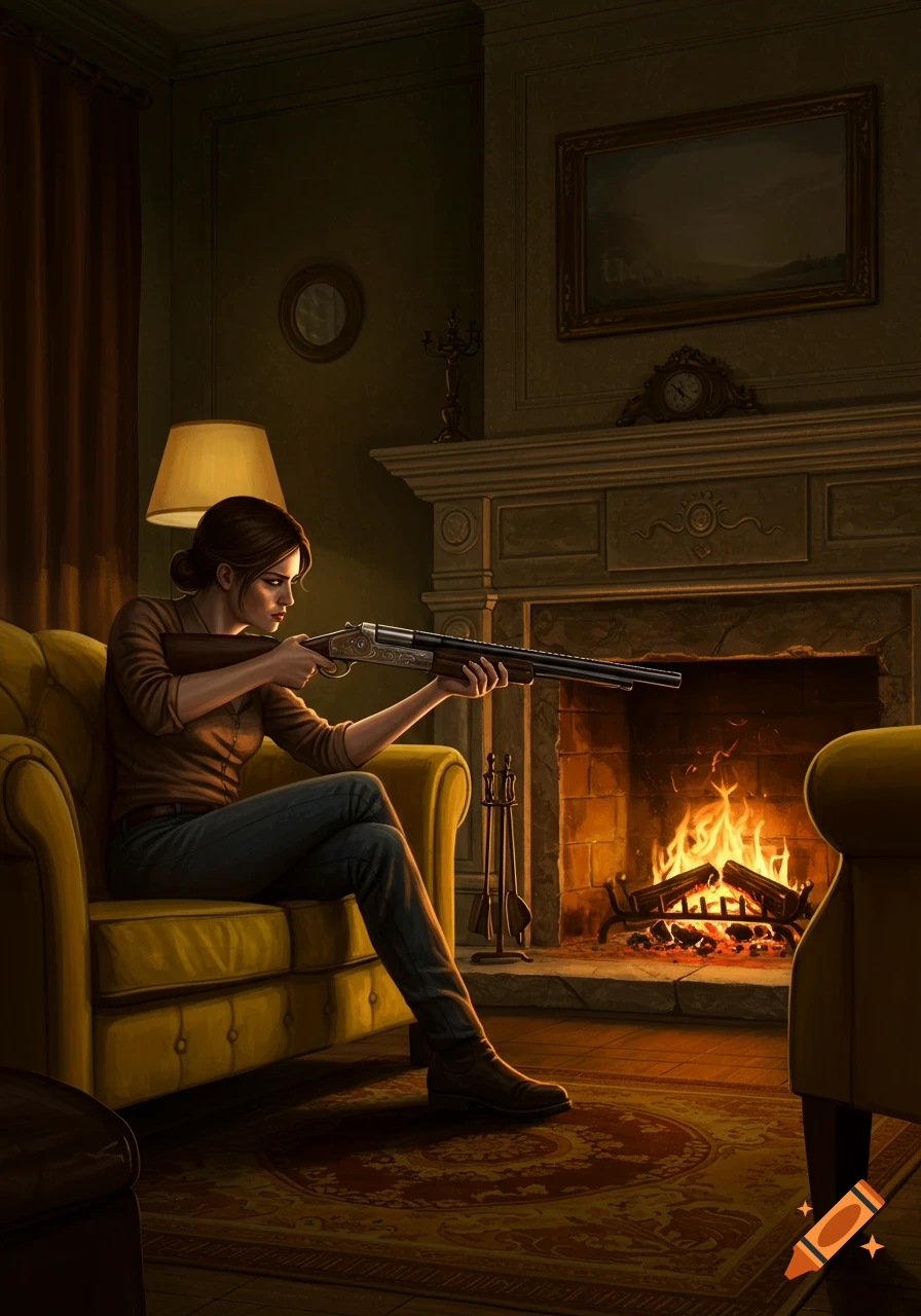 A woman sits on a yellow couch aiming a shotgun towards a lit fireplace in a dimly lit room.
